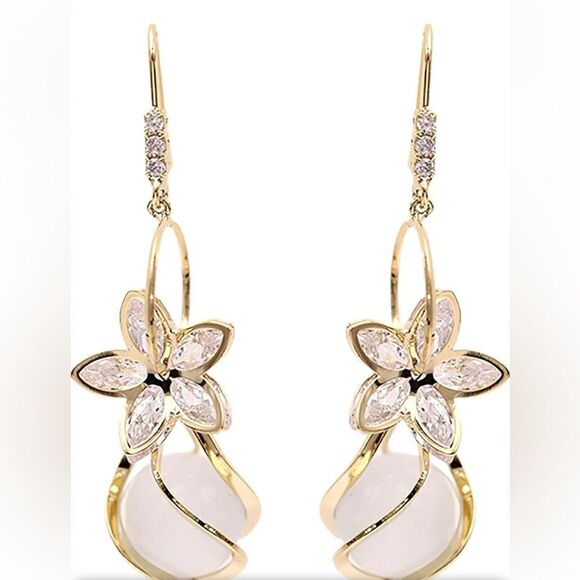 Sterling Silver Zirconia Cat Eye Zircon Bow Opal Ball Flower Earrings - Picture 1 of 11